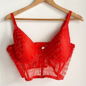 NWT Wolford Spellout Logo Obsessed Bustier Red  Lace 38C